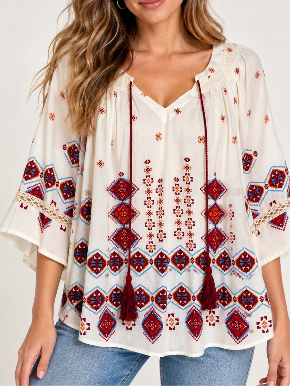 Love and Lemon Boho Southwestern Tassel Blouse Size Large